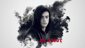 身穿深色連帽衫的男子被煙霧環繞，背景為城市天際線和紅色Mr Robot文字。 — 機器人 壁紙