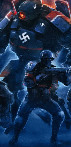 雪地戰爭場景中的士兵與機甲，帶有納粹標誌 — 電玩遊戲 GIF 壁紙