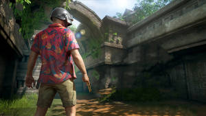身穿熱帶襯衫的士兵在古老叢林廢墟中持槍。 — PC 遊戲 壁紙