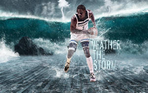 籃球運動員在暴風雨的海浪中運球，附有文字 weather the storm。 — 凋零風暴 壁紙