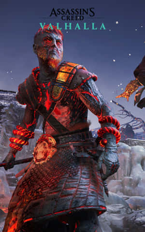 身穿發光紅色盔甲的維京戰士在夜間雪地中站立。 — 電玩遊戲 GIF 壁紙