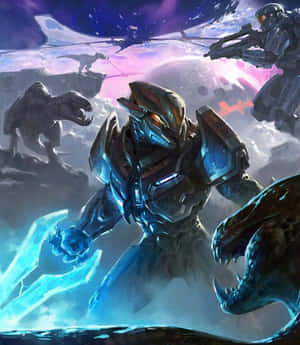 未來士兵在外星行星上用發光武器與恐龍戰鬥。 — 小米 Mix Flip 2 壁紙