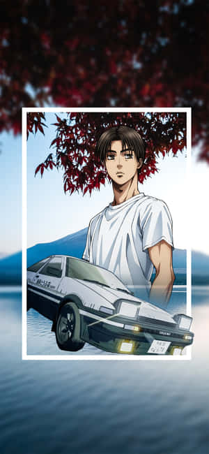 動漫風格的年輕男子與白色AE86跑車，在湖邊的紅楓樹下。 — Pixel 9 Pro 壁紙