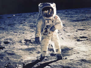 太空人站在月球表面，身穿帶有美國國旗標誌的太空衣 — 宇宙 壁紙