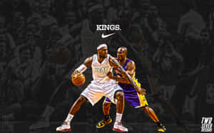 勒布朗·詹姆斯在NBA比賽中運球對抗湖人防守者。 — 科比· Bryant 壁紙