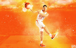 籃球運動員在火紅的橙色天空下運著一個燃燒的球。 — Devin Booker 壁紙