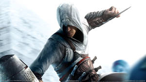 白色兜帽刺客在雪景中手持隱藏刀刃猛衝。 — PS3 壁紙