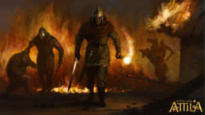 戰士手持火把站在火海戰場中。 — 電玩遊戲 GIF 壁紙