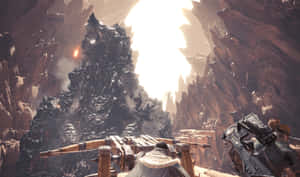 戰士在陽光明媚的峽谷中面對巨獸 — 電玩遊戲 GIF 壁紙