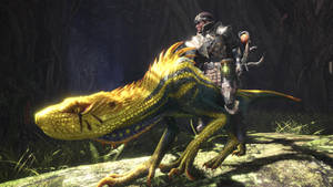 身穿盔甲的獵人在森林中騎著發光的爬行動物怪物。 — 魔物獵人 壁紙