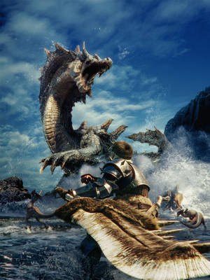 騎士騎著野獸在海浪中與龍戰鬥 — 水龍 壁紙