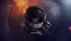 身穿破損太空衣的太空人在熾熱行星附近的太空中漂流。 — 太空美學動圖 壁紙