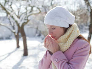 身穿冬季外套和帽子的女性，在雪天向雙手呼出暖氣。 — 寒冷 壁紙