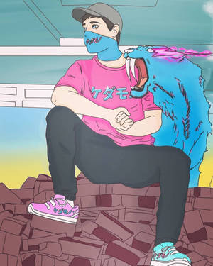 戴著口罩的年輕男子和藍色怪物坐在破碎的磚塊上。 — 插畫 壁紙