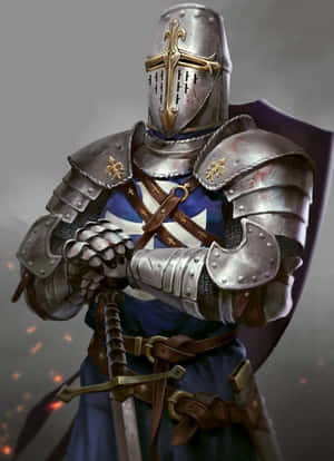 全副武裝的騎士手持劍與盾牌，背景有發光的餘燼 — 現代戰爭 壁紙