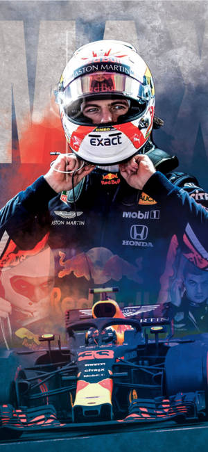 身穿紅牛裝備的F1車手在前景有賽車的情況下調整頭盔。 — iPhone 16e 壁紙