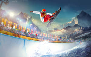 滑雪板運動員在半空中表演技巧，背景為奧運半管賽事，有山脈和旗幟。 — MacBook Air M1 壁紙