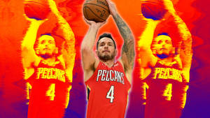 身穿紅色Pelicans球衣的籃球運動員以故障效果投籃。 — 紅頭罩 壁紙