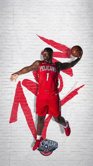 身穿紅色Pelicans球衣的職業籃球運動員在空中手持籃球。 — 紐奧良鵜鶘 壁紙