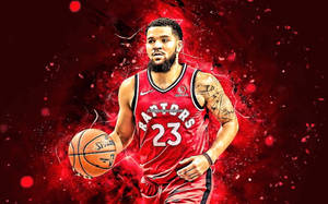 身穿紅色Raptors球衣的職業籃球運動員，持球並帶有紅色粒子效果。 — 普普藝術動圖 壁紙