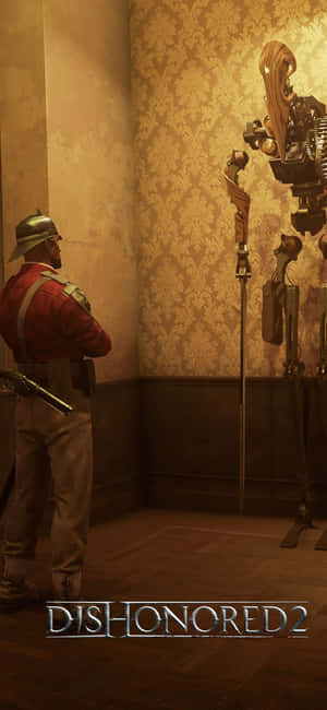 士兵在《冤罪殺機2》的華麗房間中面對機械機器人。 — 電玩遊戲 GIF 壁紙