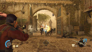 士兵在沙漠小鎮戰鬥場景中開火，伴有爆炸。 — 電玩遊戲 GIF 壁紙