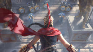 身穿紅色斗篷的戰士俯瞰石階上的藍色盔甲士兵。 — 電玩遊戲 GIF 壁紙