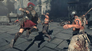 羅馬士兵在黎明時分的石頭庭院中與兩名敵人戰鬥。 — 電玩遊戲 GIF 壁紙