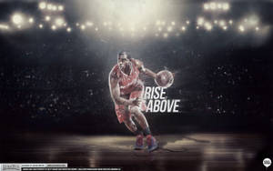 籃球運動員在場館燈光下運球，帶有 'RISE ABOVE' 字樣。 — 湖人隊標誌 壁紙