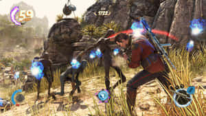 一名電子遊戲戰士在沙漠峽谷中與發光的敵人戰鬥。 — 電玩遊戲 GIF 壁紙