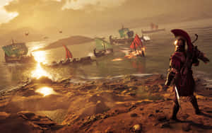 戰士在岩石海岸觀看古代船隻在金色夕陽下戰鬥。 — 電玩遊戲 GIF 壁紙