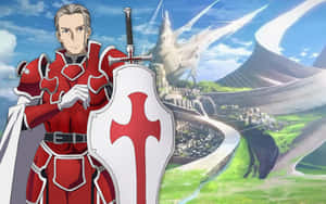 身穿紅色盔甲的騎士在未來城市前手持盾牌和劍。 — Steam Deck 壁紙