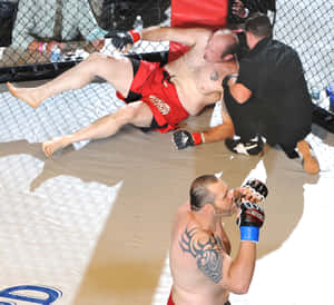 八角籠內的兩名MMA拳手，一人倒地，一人站立 — 運動 壁紙