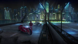 夜晚霓虹賽博龐克城市中發光橋上的紅色機車騎士。 — 阿基拉 壁紙