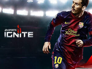 身穿巴塞隆納球衣的足球員在 EA Sports Ignite 遊戲藝術中的球場燈光下奔跑。 — 桌面 壁紙