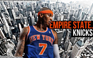 身穿尼克隊球衣的籃球運動員，以紐約天際線為背景，帶有文字 Empire State Knicks。 — 克里夫蘭騎士隊 壁紙