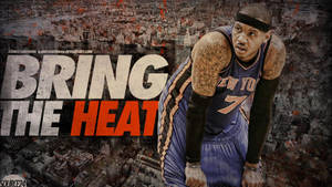 身穿尼克隊球衣的籃球運動員在城市景觀上向前傾，帶有「BRING THE HEAT」文字。 — 紐約尼克隊 壁紙