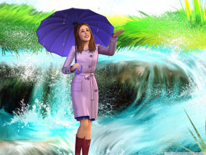 身穿紫色外套和靴子的女子在瀑布附近手持雨傘。 — 卡通 壁紙