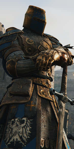 一名身穿華麗盔甲的中世紀騎士，在石城中持劍。 — 電玩遊戲 GIF 壁紙