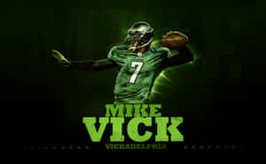 身穿綠色7號球衣的美式足球員Mike Vick，在發光綠色文字下擲球。 — 安卓 壁紙