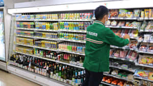7-eleven員工在店內貨架上補充冷藏飲品和食品。 — 7-ELEVEN 壁紙