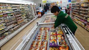 店員在超市走道補充冷凍食品。 — 7-ELEVEN 壁紙