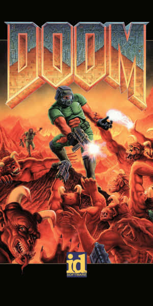 Doom士兵在地獄火場景中向惡魔大軍開火。 — 18:9 壁紙