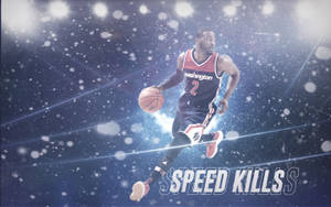 籃球運動員在明亮的場地燈光下在雪中運球，並帶有「SPEED KILLS」文字。 — 比利·哈格羅夫 壁紙