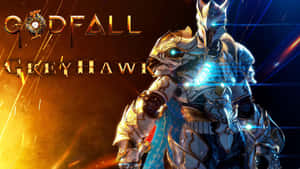 來自Godfall遊戲的裝甲戰士，擁有發光的藍色眼睛和金色盔甲。 — 神隕 壁紙
