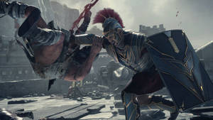 羅馬士兵在古代戰場廢墟中用劍和盾牌戰鬥。 — 電玩遊戲 GIF 壁紙