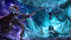 奇幻戰士在發光藍色洞穴中與冰龍戰鬥 — 4K 遊戲 壁紙