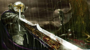 手持華麗劍的騎士在雨中站在黑暗森林中的幽靈身影旁。 — 戰士 壁紙