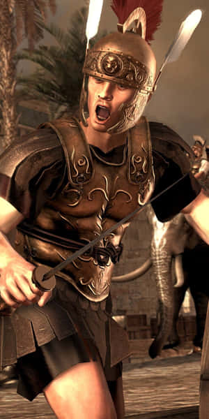 身穿青銅盔甲的羅馬士兵在熱帶環境中持劍咆哮。 — 電玩遊戲 GIF 壁紙