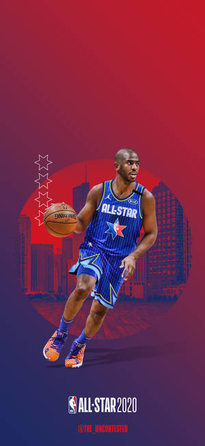 NBA 全明星 2020 籃球運動員身穿藍色球衣在紅色城市背景下運球。 — iPhone 15 Plus 壁紙